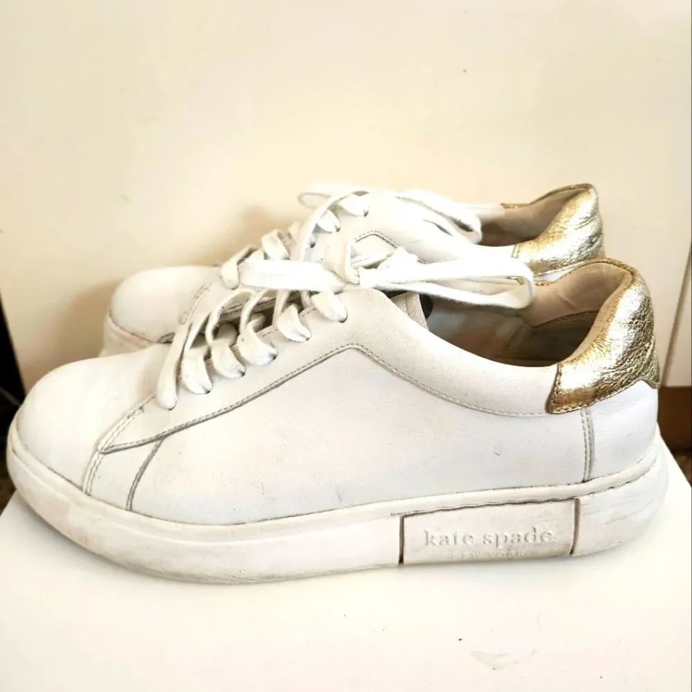 Kate Spade New York "Lift" White Leather/Gold Trim Lace-up Sneakers Sz.9.5 $138